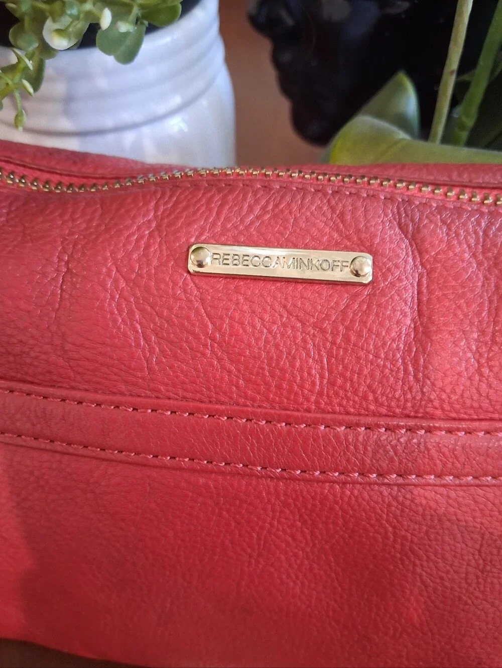 Rebecca Minkoff Coral-Red Leather Crossbody with Gold Chain